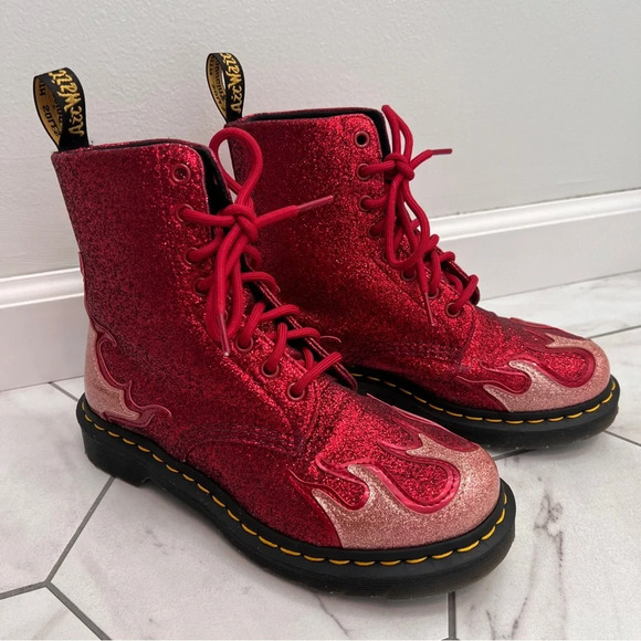 Dr. Martens Shoes - Dr. Martens 1460 Pascal Red Glitter Flame Combat Boots Size 7 Womens